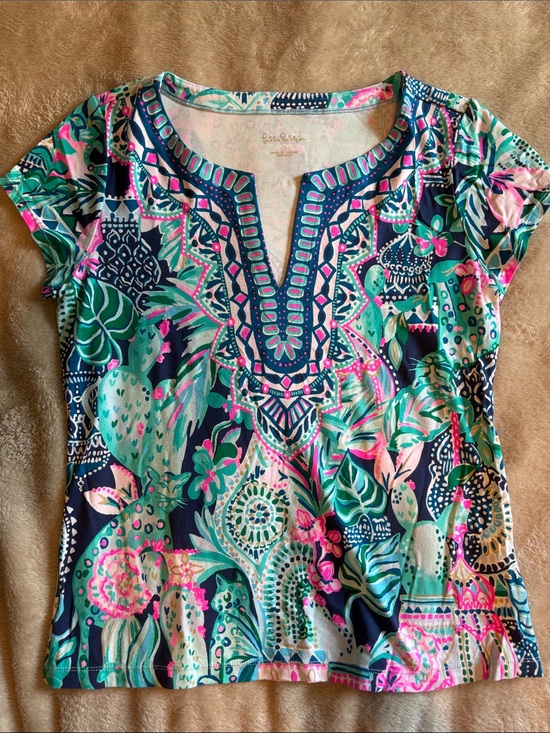 Lilly Pulitzer Tops - Lilly Pulitzer Navy, Pink & Teal Printed Short Sleeve Split-Neck Top